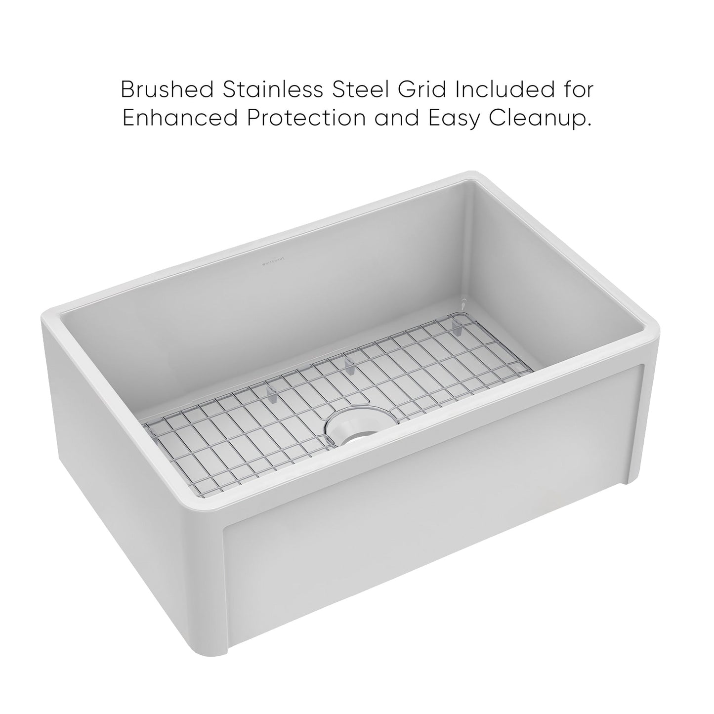 Whitehaus Collection 27" Reversible Single Bowl Fireclay Kitchen Sink with Grid: Three Edge Frame, Plain Front Apron
