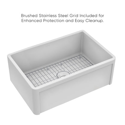 Whitehaus Collection 27" Reversible Single Bowl Fireclay Kitchen Sink with Grid: Three Edge Frame, Plain Front Apron