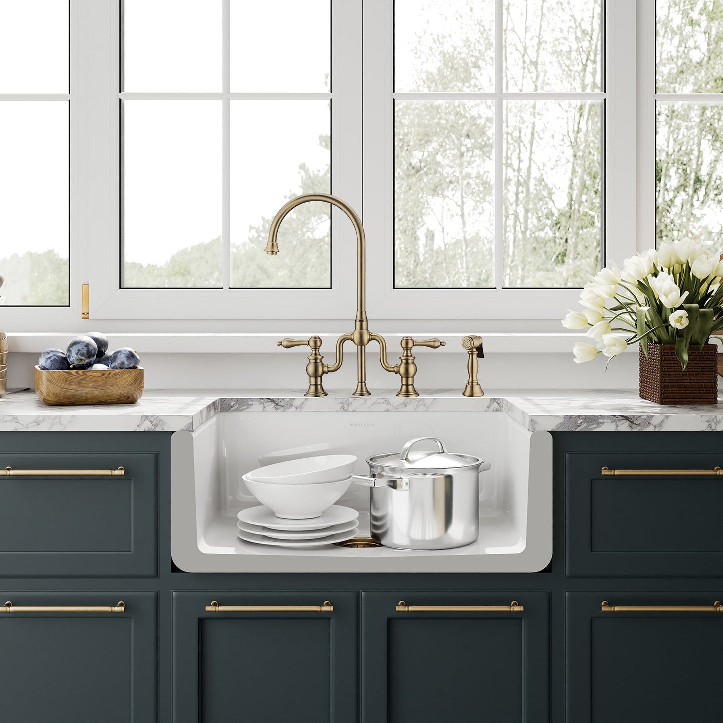 Whitehaus Collection 27" Reversible Single Bowl Fireclay Kitchen Sink with Grid: Three Edge Frame, Plain Front Apron