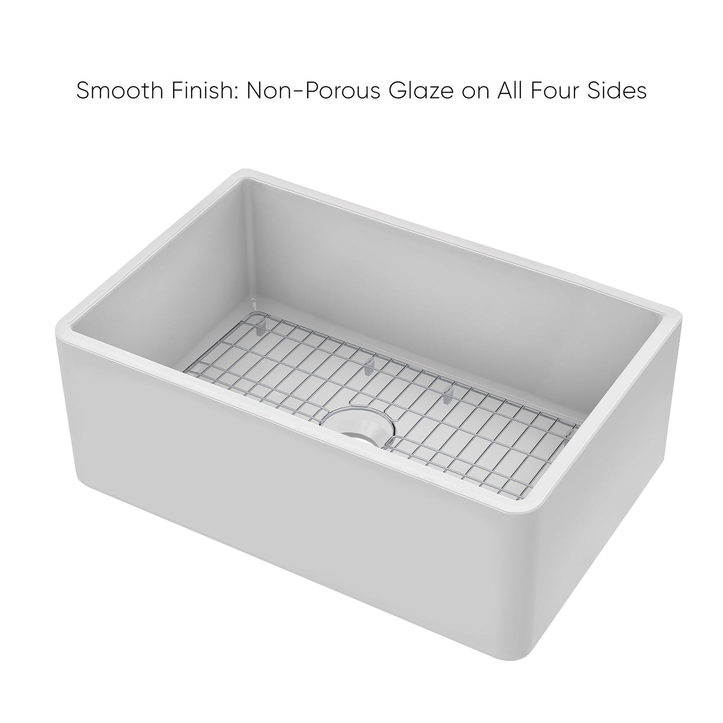 Whitehaus Collection 27" Reversible Single Bowl Fireclay Kitchen Sink with Grid: Three Edge Frame, Plain Front Apron