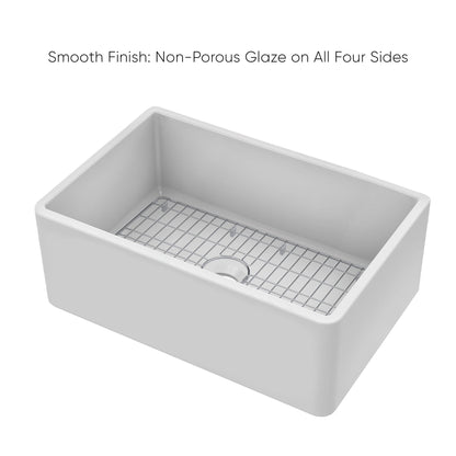Whitehaus Collection 27" Reversible Single Bowl Fireclay Kitchen Sink with Grid: Three Edge Frame, Plain Front Apron