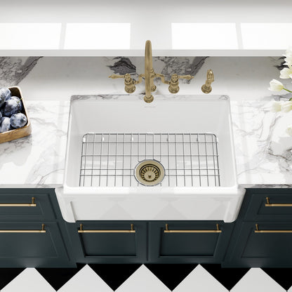 Whitehaus Collection 27" Reversible Single Bowl Fireclay Kitchen Sink with Grid: Three Edge Frame, Plain Front Apron