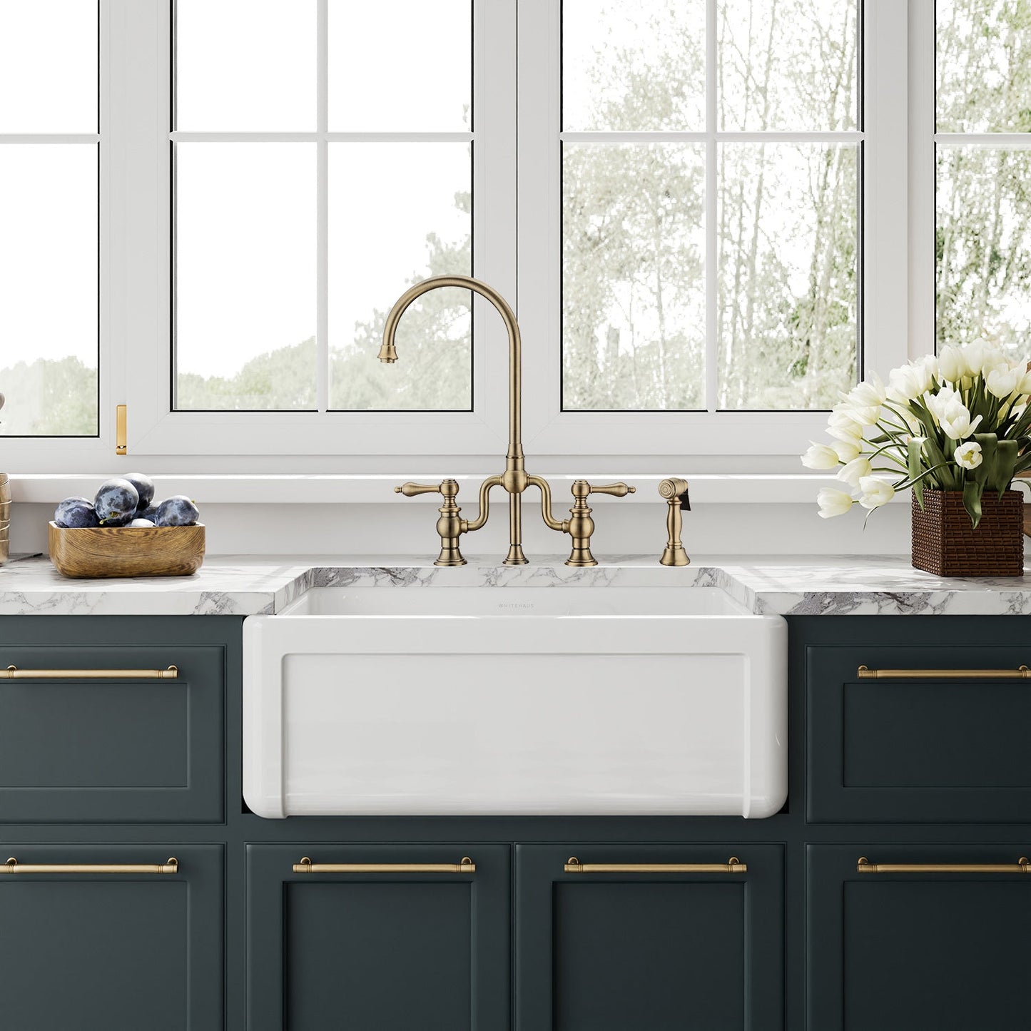 Whitehaus Collection 27" Reversible Single Bowl Fireclay Kitchen Sink with Grid: Three Edge Frame, Plain Front Apron