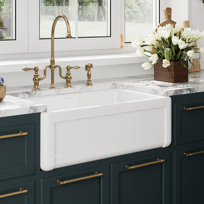 Whitehaus Collection 30" Reversible Single Bowl Fireclay Kitchen Sink with Grid: Three Edge Frame, Plain Front Apron