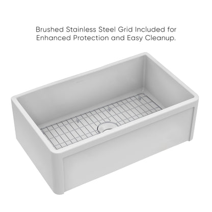 Whitehaus Collection 30" Reversible Single Bowl Fireclay Kitchen Sink with Grid: Three Edge Frame, Plain Front Apron