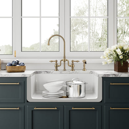 Whitehaus Collection 30" Reversible Single Bowl Fireclay Kitchen Sink with Grid: Three Edge Frame, Plain Front Apron