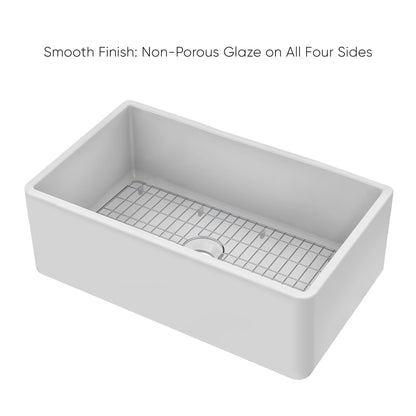 Whitehaus Collection 30" Reversible Single Bowl Fireclay Kitchen Sink with Grid: Three Edge Frame, Plain Front Apron