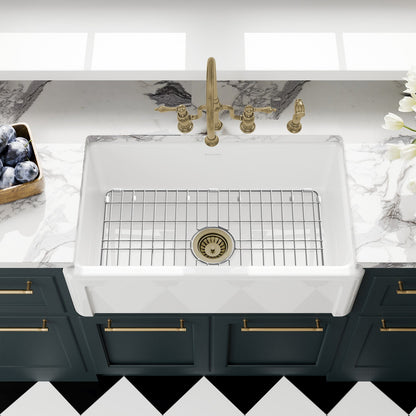 Whitehaus Collection 30" Reversible Single Bowl Fireclay Kitchen Sink with Grid: Three Edge Frame, Plain Front Apron