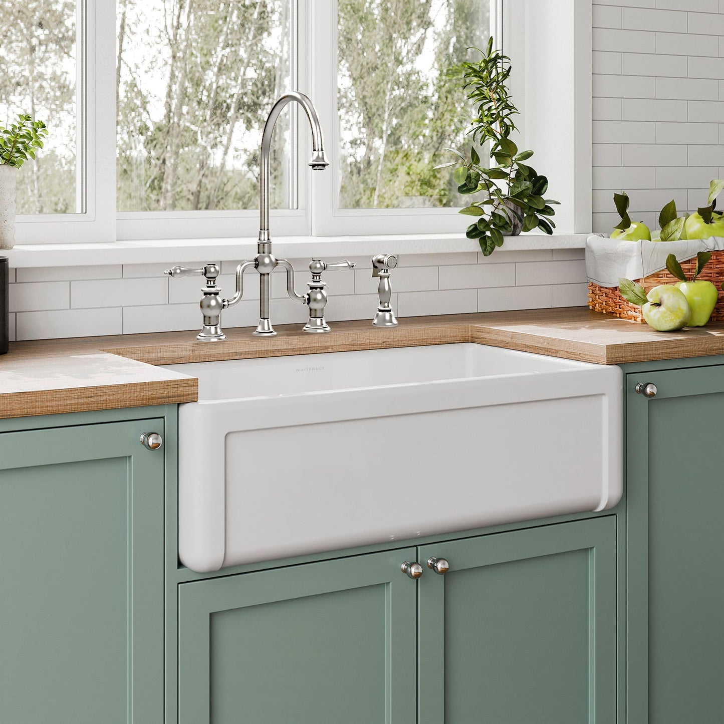 Whitehaus Collection 33" Reversible Single Bowl Fireclay Kitchen Sink with Grid: Three Edge Frame, Plain Front Apron