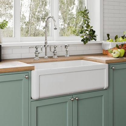 Whitehaus Collection 33" Reversible Single Bowl Fireclay Kitchen Sink with Grid: Three Edge Frame, Plain Front Apron