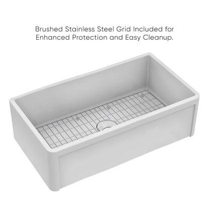 Whitehaus Collection 33" Reversible Single Bowl Fireclay Kitchen Sink with Grid: Three Edge Frame, Plain Front Apron