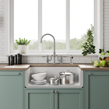 Whitehaus Collection 33" Reversible Single Bowl Fireclay Kitchen Sink with Grid: Three Edge Frame, Plain Front Apron