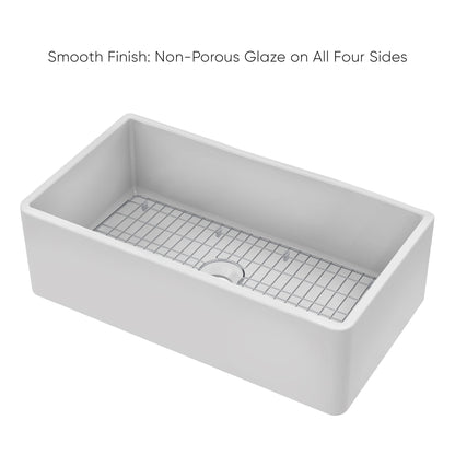 Whitehaus Collection 33" Reversible Single Bowl Fireclay Kitchen Sink with Grid: Three Edge Frame, Plain Front Apron
