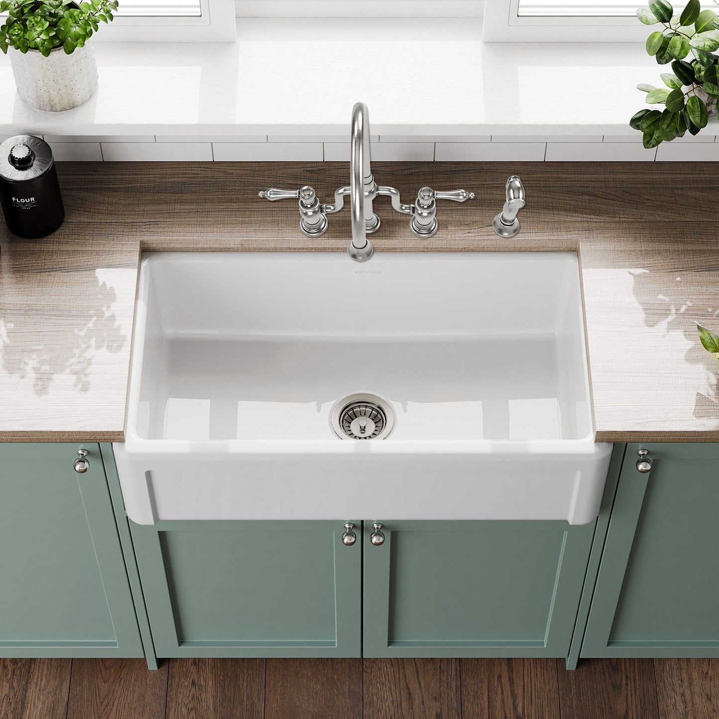 Whitehaus Collection 33" Reversible Single Bowl Fireclay Kitchen Sink with Grid: Three Edge Frame, Plain Front Apron