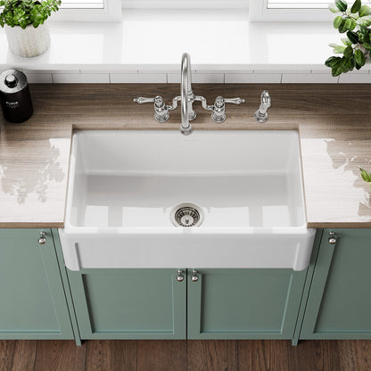 Whitehaus Collection 33" Reversible Single Bowl Fireclay Kitchen Sink with Grid: Three Edge Frame, Plain Front Apron