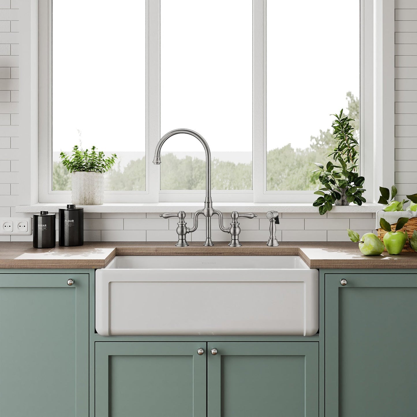 Whitehaus Collection 33" Reversible Single Bowl Fireclay Kitchen Sink with Grid: Three Edge Frame, Plain Front Apron