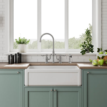Whitehaus Collection 33" Reversible Single Bowl Fireclay Kitchen Sink with Grid: Three Edge Frame, Plain Front Apron