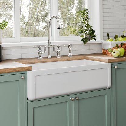 Whitehaus Collection 36" Reversible Single Bowl Fireclay Kitchen Sink with Grid: Three Edge Frame, Plain Front Apron