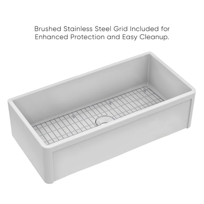 Whitehaus Collection 36" Reversible Single Bowl Fireclay Kitchen Sink with Grid: Three Edge Frame, Plain Front Apron