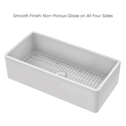 Whitehaus Collection 36" Reversible Single Bowl Fireclay Kitchen Sink with Grid: Three Edge Frame, Plain Front Apron
