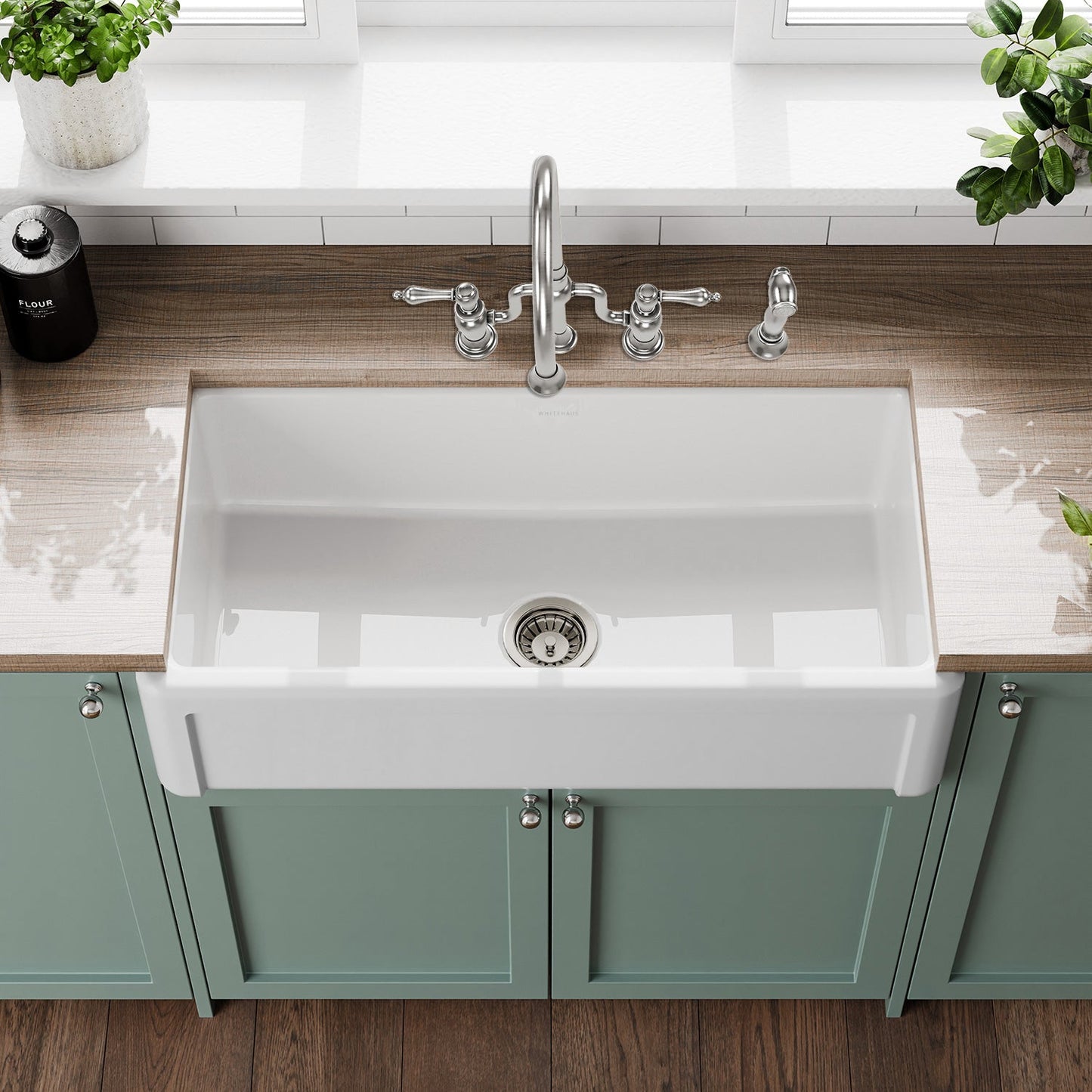 Whitehaus Collection 36" Reversible Single Bowl Fireclay Kitchen Sink with Grid: Three Edge Frame, Plain Front Apron