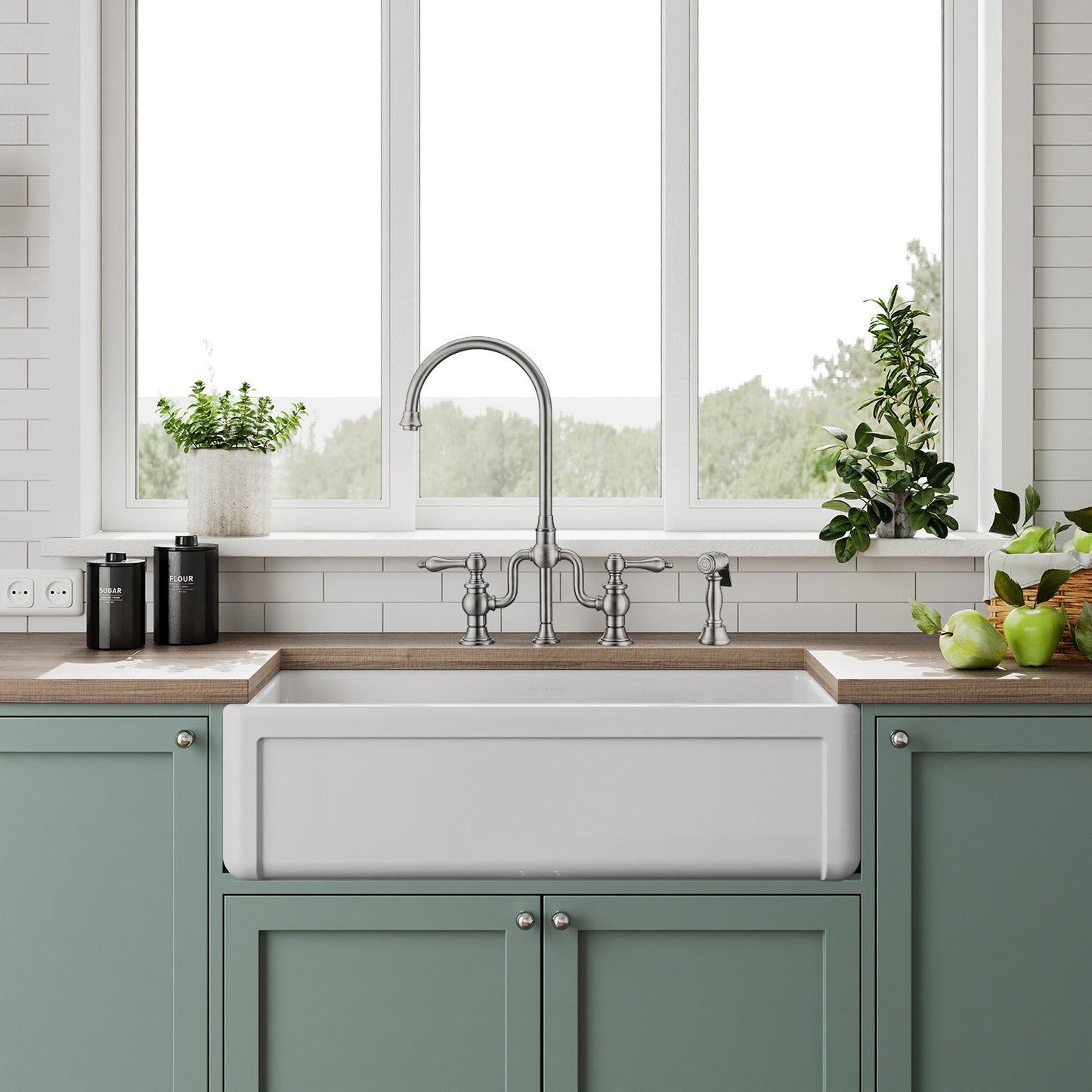 Whitehaus Collection 36" Reversible Single Bowl Fireclay Kitchen Sink with Grid: Three Edge Frame, Plain Front Apron