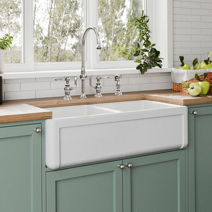 Whitehaus Collection 36" Reversible Double Bowl Fireclay Kitchen Sink with Grid Set: Three Edge Frame, Plain Front Apron
