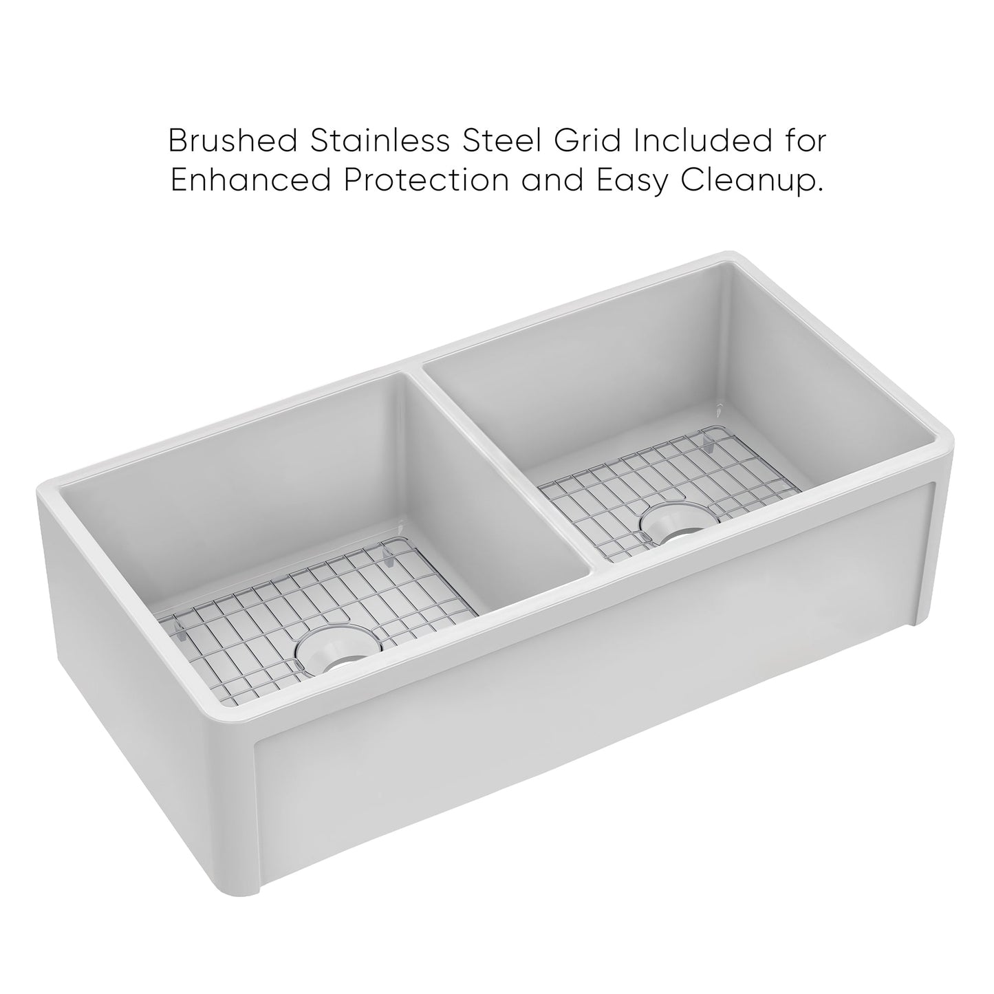 Whitehaus Collection 36" Reversible Double Bowl Fireclay Kitchen Sink with Grid Set: Three Edge Frame, Plain Front Apron
