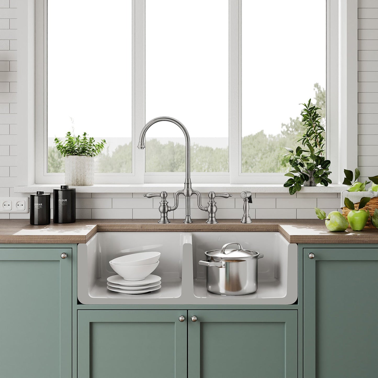 Whitehaus Collection 36" Reversible Double Bowl Fireclay Kitchen Sink with Grid Set: Three Edge Frame, Plain Front Apron