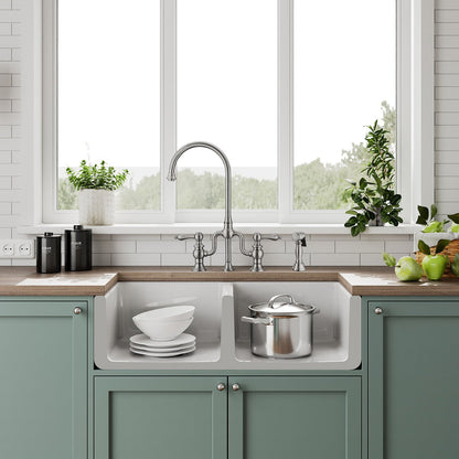 Whitehaus Collection 36" Reversible Double Bowl Fireclay Kitchen Sink with Grid Set: Three Edge Frame, Plain Front Apron