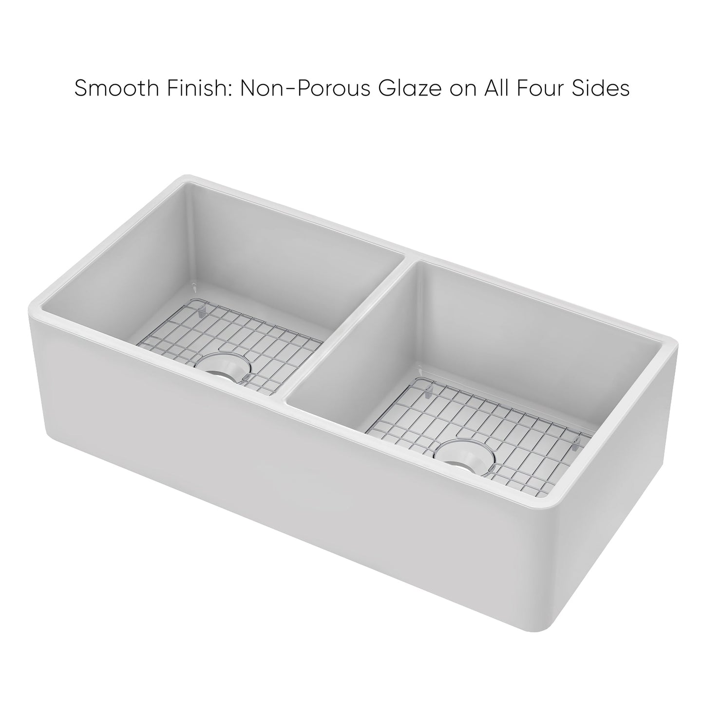 Whitehaus Collection 36" Reversible Double Bowl Fireclay Kitchen Sink with Grid Set: Three Edge Frame, Plain Front Apron