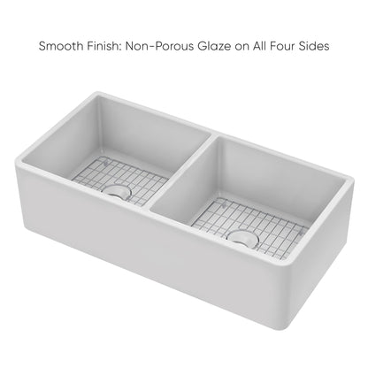 Whitehaus Collection 36" Reversible Double Bowl Fireclay Kitchen Sink with Grid Set: Three Edge Frame, Plain Front Apron