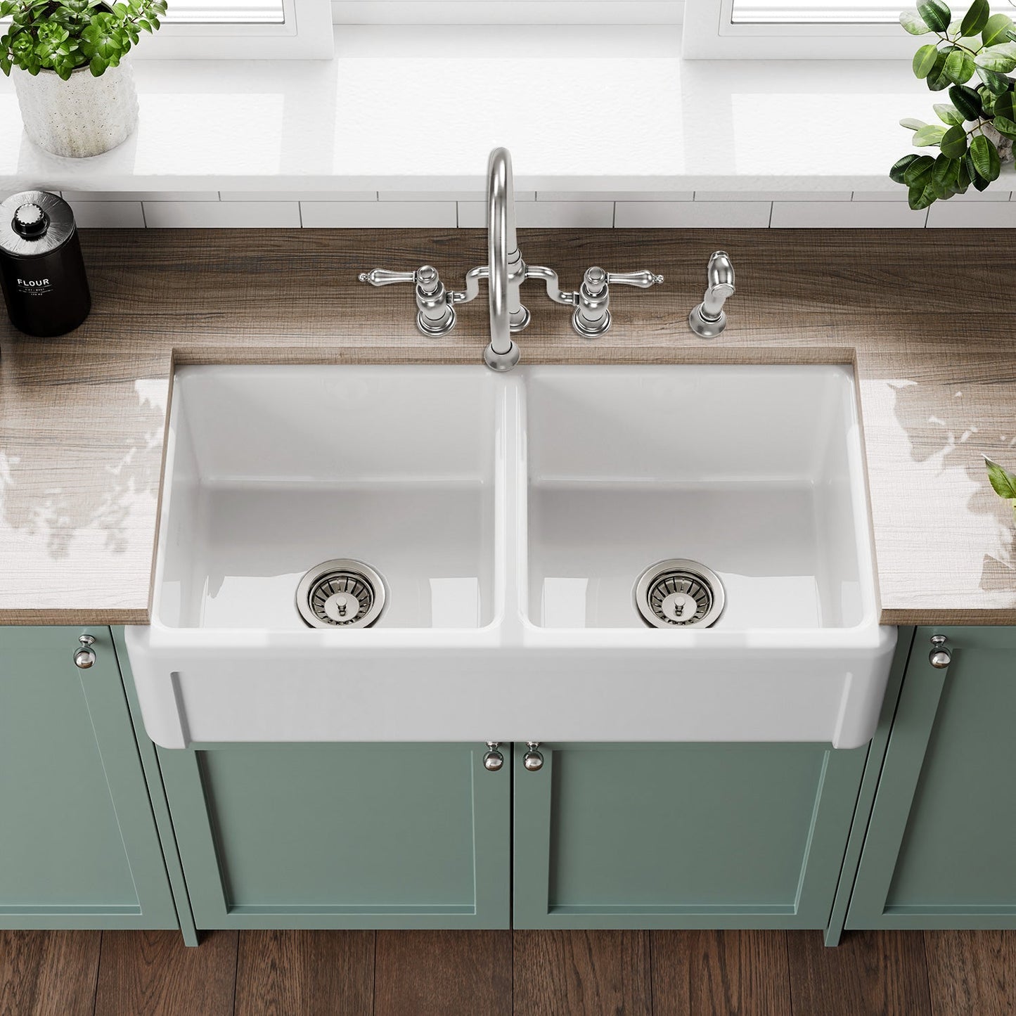 Whitehaus Collection 36" Reversible Double Bowl Fireclay Kitchen Sink with Grid Set: Three Edge Frame, Plain Front Apron