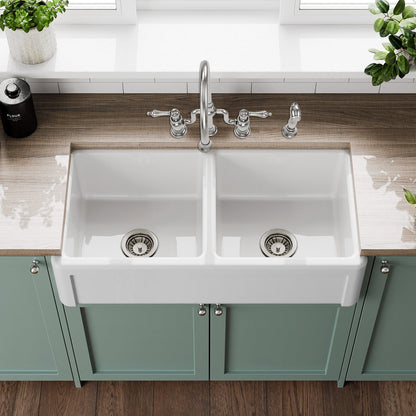 Whitehaus Collection 36" Reversible Double Bowl Fireclay Kitchen Sink with Grid Set: Three Edge Frame, Plain Front Apron