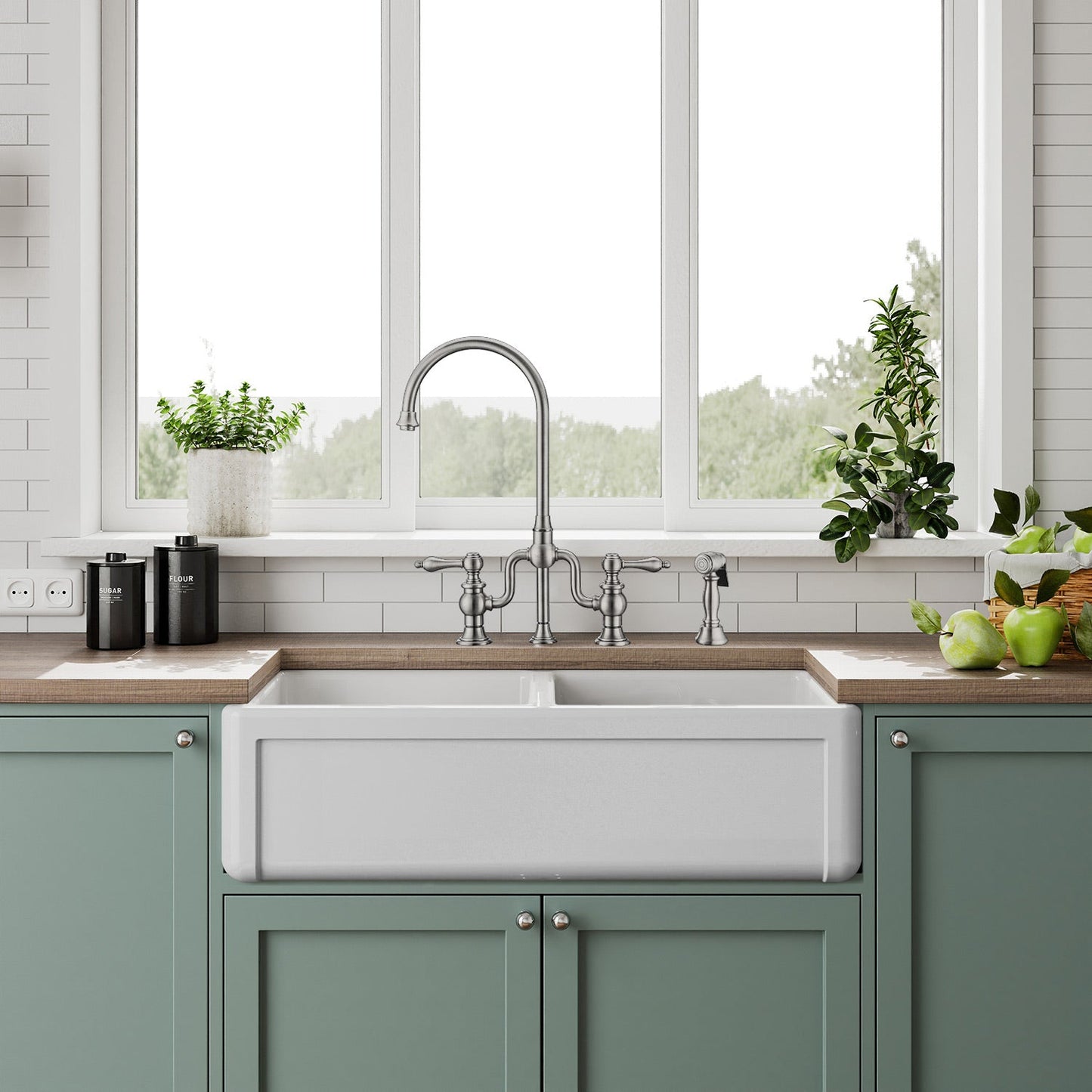 Whitehaus Collection 36" Reversible Double Bowl Fireclay Kitchen Sink with Grid Set: Three Edge Frame, Plain Front Apron