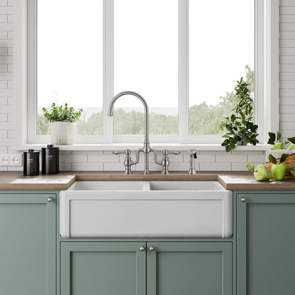 Whitehaus Collection 36" Reversible Double Bowl Fireclay Kitchen Sink with Grid Set: Three Edge Frame, Plain Front Apron