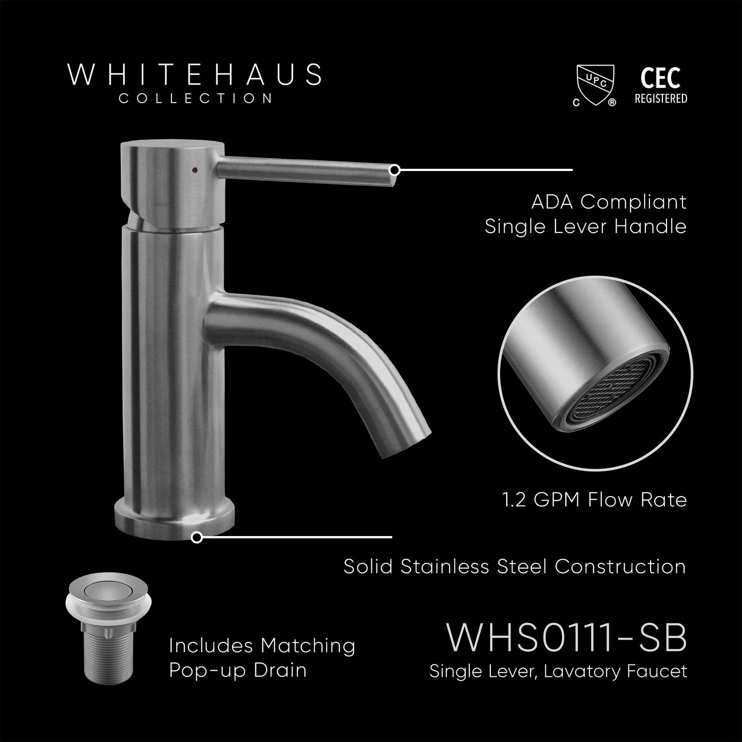 Waterhaus Solid Stainless Steel, Single Hole, Single Lever Lavatory Faucet with Matching Pop-up Waste