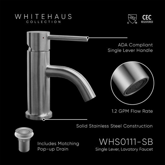 Waterhaus Solid Stainless Steel, Single Hole, Single Lever Lavatory Faucet with Matching Pop-up Waste