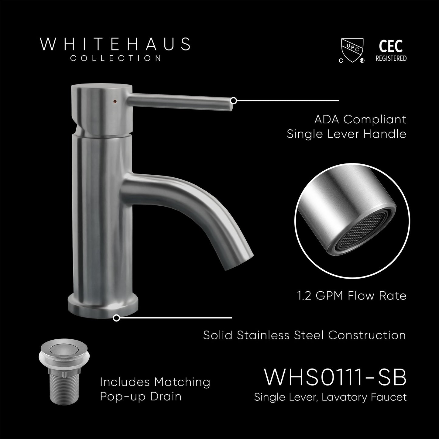 Waterhaus Solid Stainless Steel, Single Hole, Single Lever Lavatory Faucet with Matching Pop-up Waste