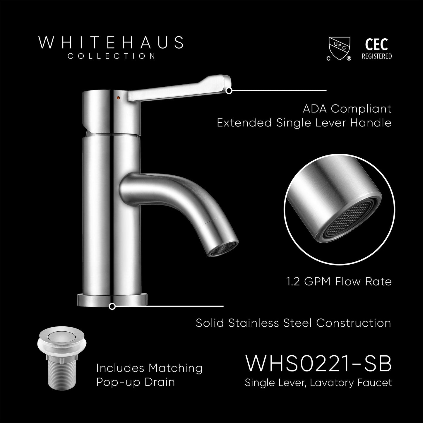 Waterhaus Solid Stainless Steel, single hole, extended single lever lavatory faucet