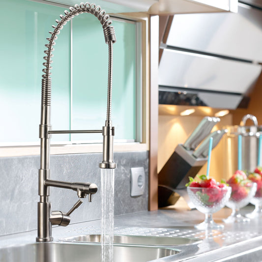 Waterhaus Lead Free, Solid Stainless Steel Commerical Single-Hole Faucet with Flexible Pull Down Spray Head, Swivel Support Bar & 2 Control Levers