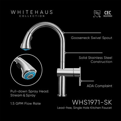 Waterhaus Lead Free, Solid Stainless Steel Single-Hole Faucet with Gooseneck Swivel Spout Pull Down Spray Head and Solid Lever Handle