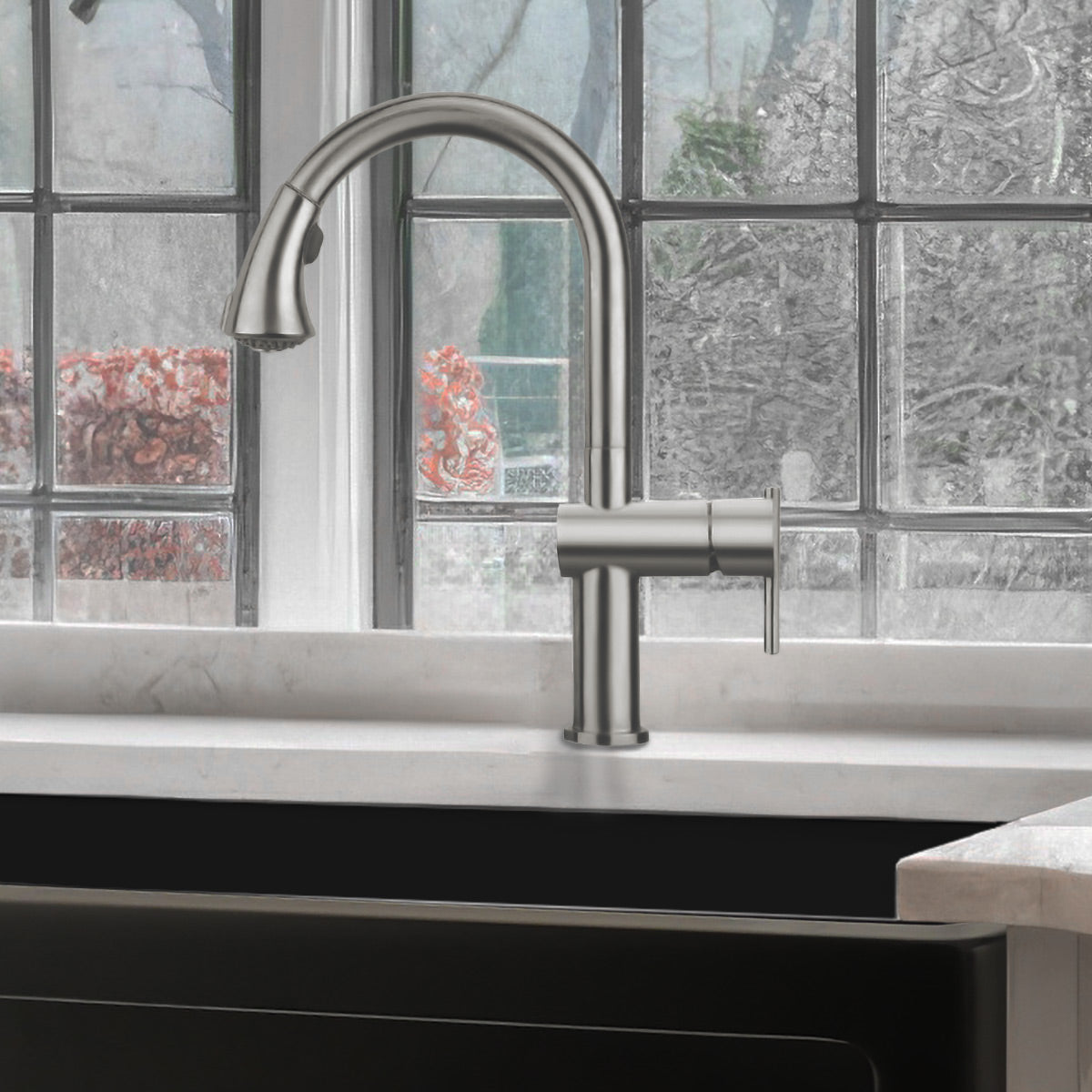Waterhaus Lead Free, Solid Stainless Steel Single-Hole Faucet with Gooseneck Swivel Spout Pull Down Spray Head and Solid Lever Handle