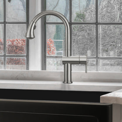 Waterhaus Lead Free, Solid Stainless Steel Single-Hole Faucet with Gooseneck Swivel Spout Pull Down Spray Head and Solid Lever Handle