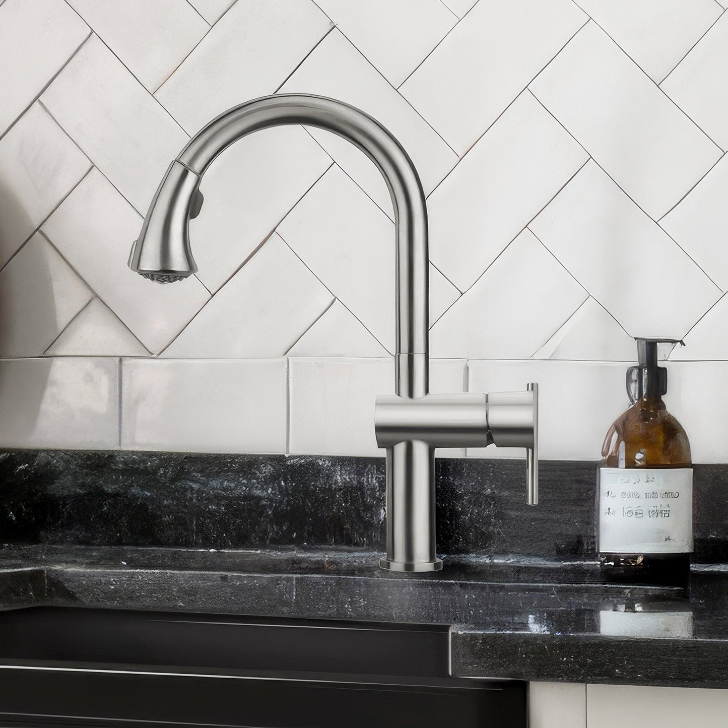Waterhaus Lead Free, Solid Stainless Steel Single-Hole Faucet with Gooseneck Swivel Spout Pull Down Spray Head and Solid Lever Handle