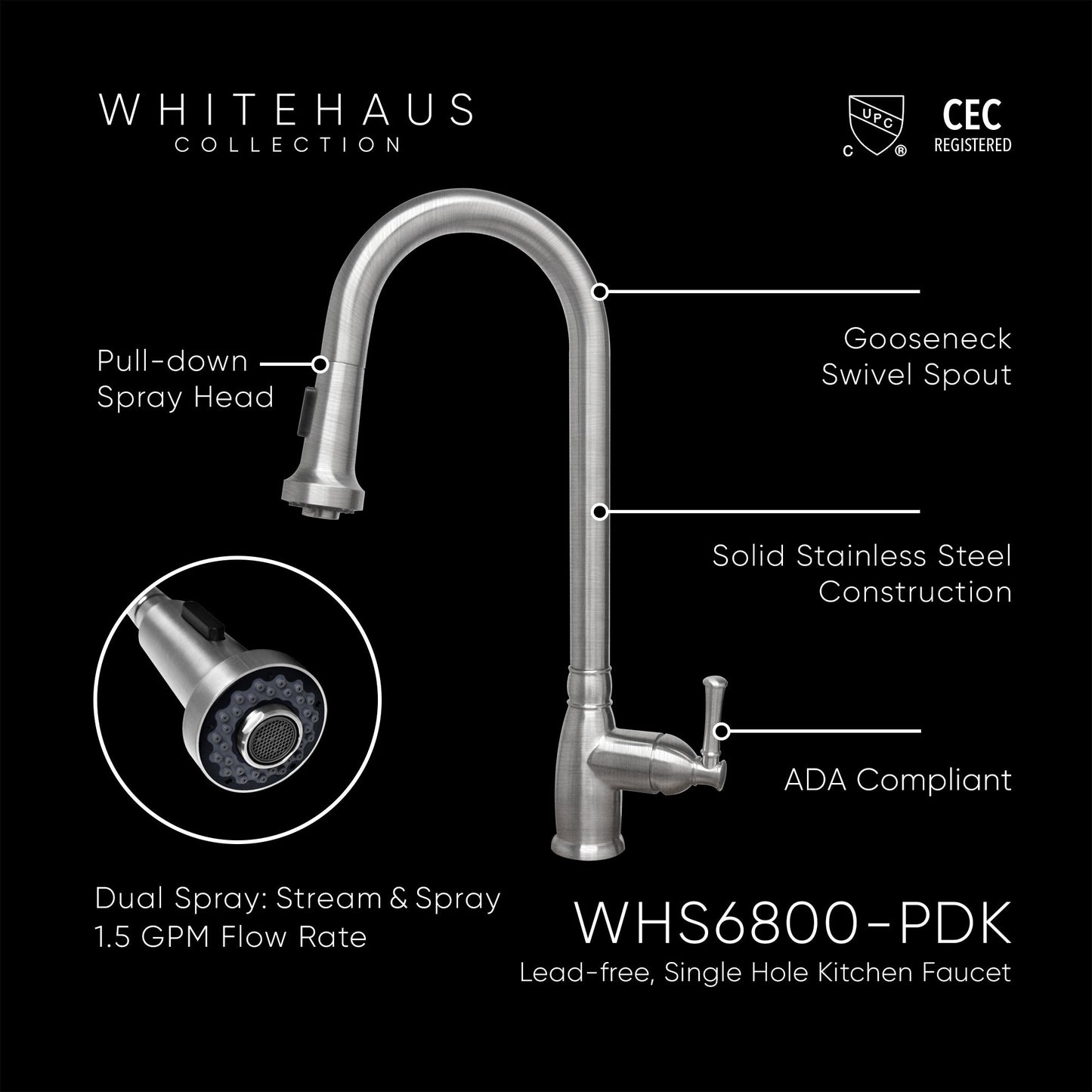 Waterhaus Lead Free Solid Stainless Steel Single-Hole Faucet with Gooseneck Swivel Spout, Pull Down Spray Head and Solid Lever Handle