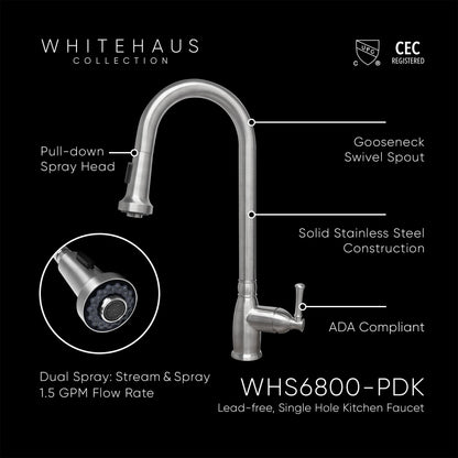 Waterhaus Lead Free Solid Stainless Steel Single-Hole Faucet with Gooseneck Swivel Spout, Pull Down Spray Head and Solid Lever Handle