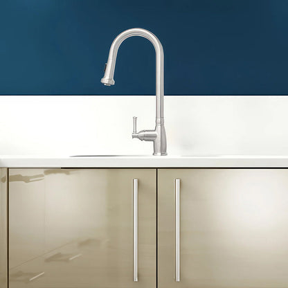 Waterhaus Lead Free Solid Stainless Steel Single-Hole Faucet with Gooseneck Swivel Spout, Pull Down Spray Head and Solid Lever Handle