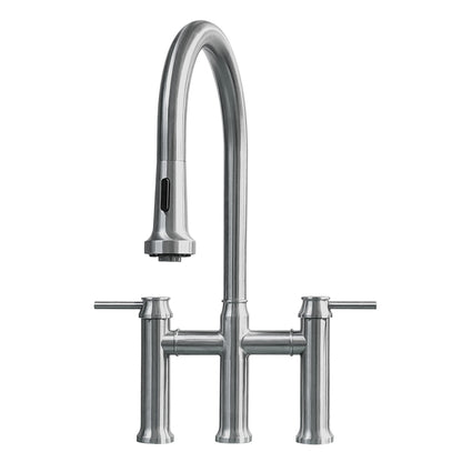 Waterhaus Lead-Free Solid Stainless Steel Bridge Faucet with a Gooseneck Swivel Spout, Pull Down Spray Head and Solid Lever Handles