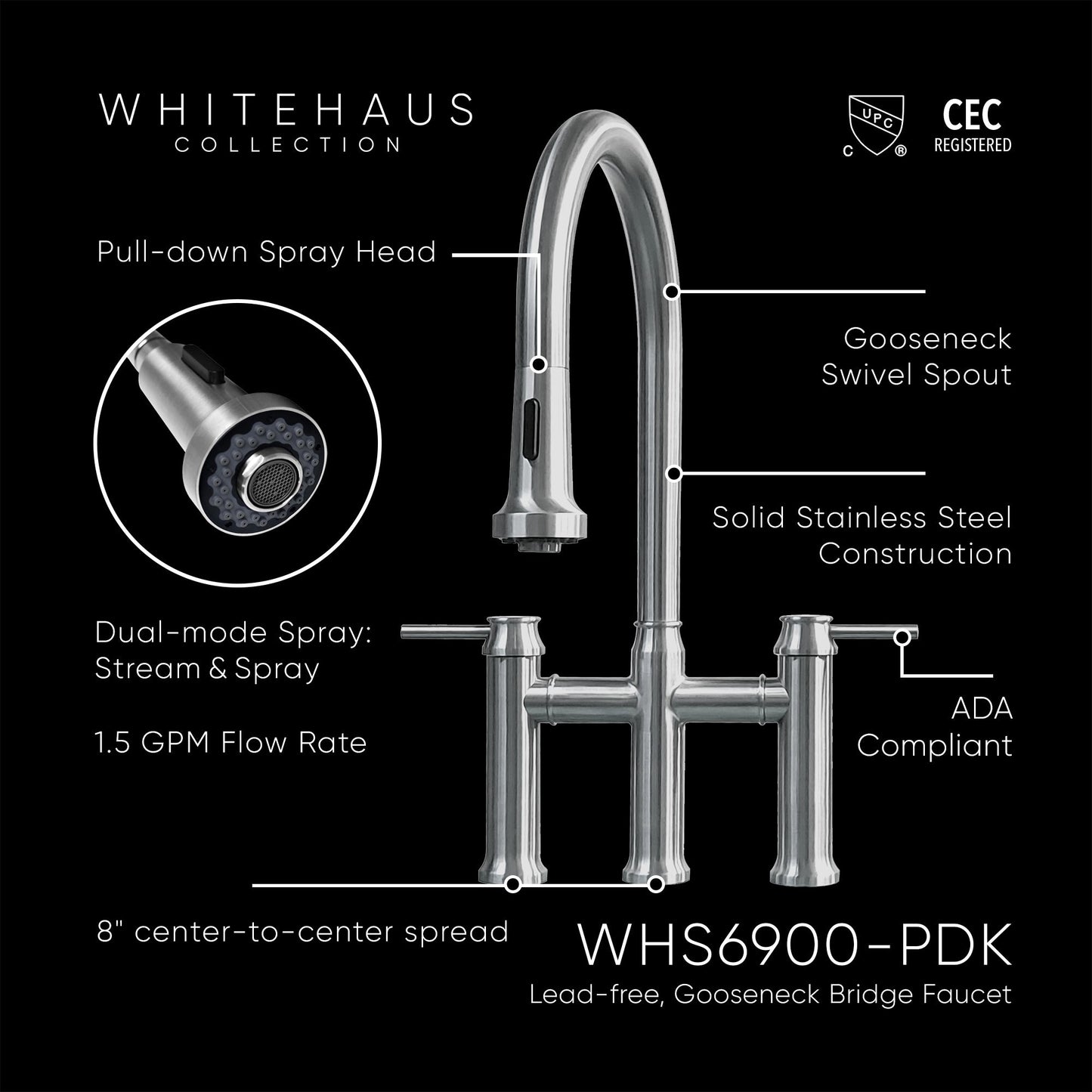 Waterhaus Lead-Free Solid Stainless Steel Bridge Faucet with a Gooseneck Swivel Spout, Pull Down Spray Head and Solid Lever Handles